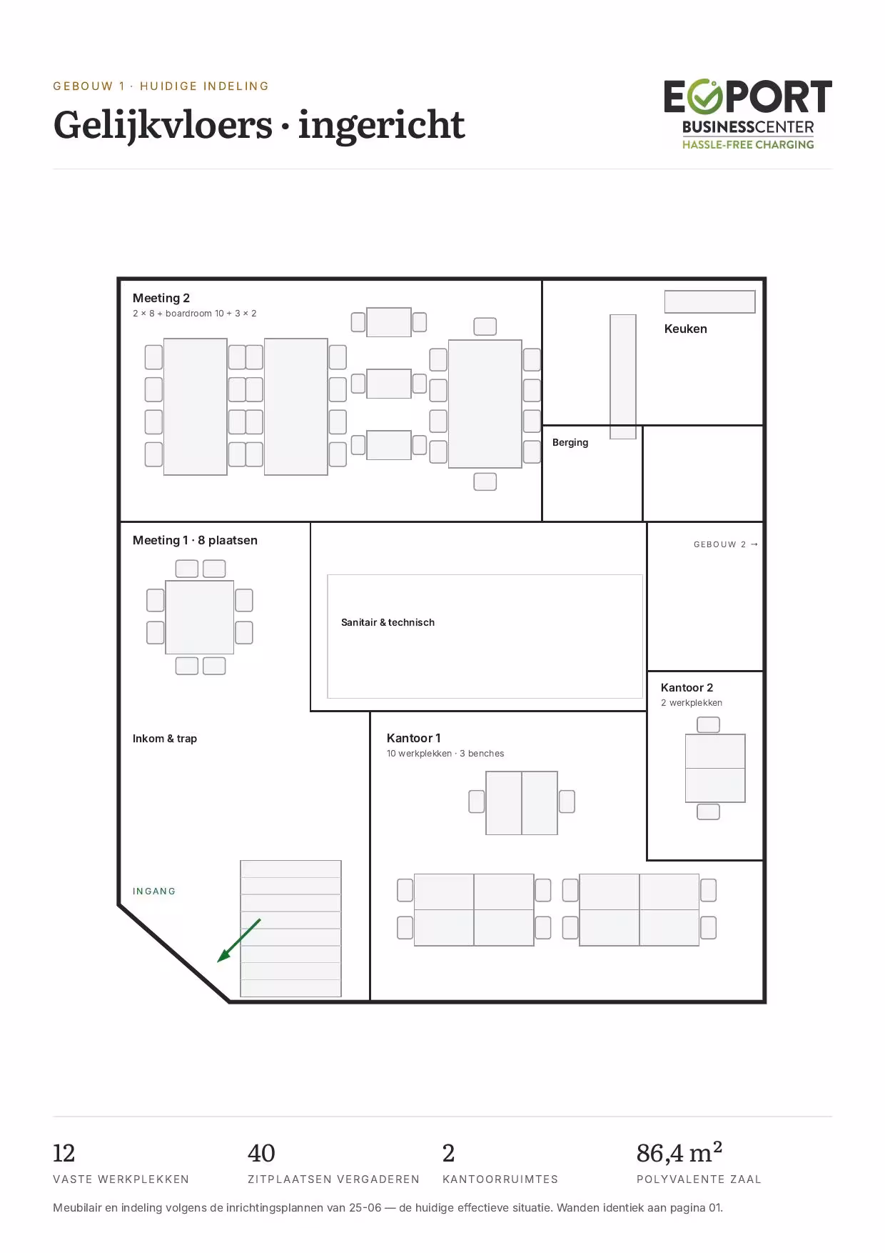 Gelijkvloers gebouw 1 met de huidige inrichting